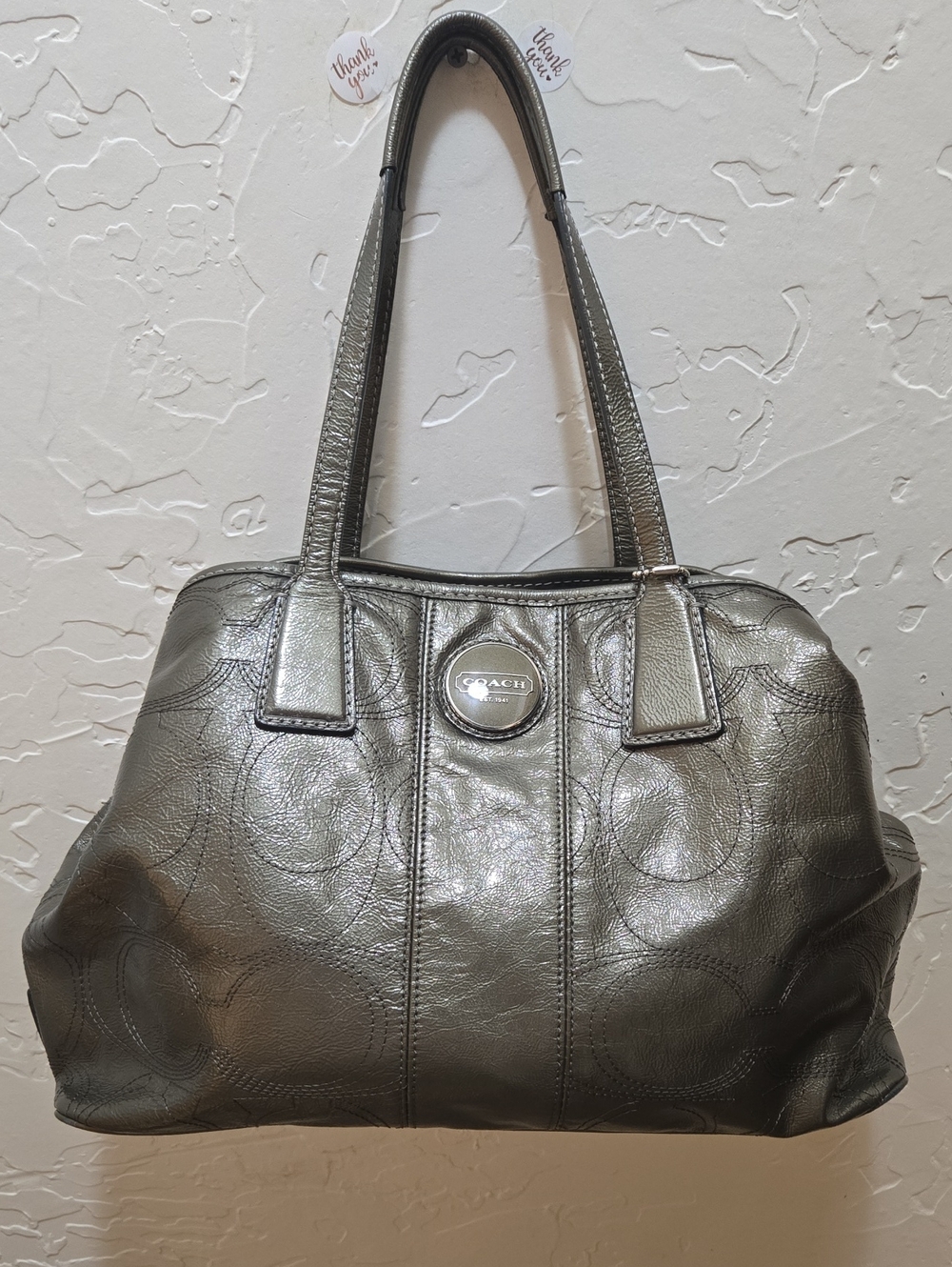 Coach Signature Kisslock Metallic Pewter Leather Carryall F15658